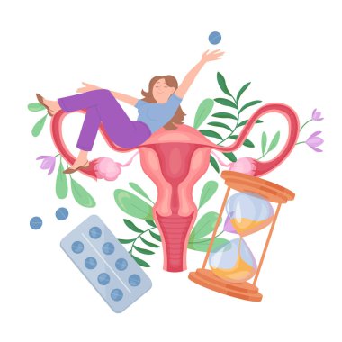 Hormonal kadın doğum kontrolü, doğum kontrolü ve kadınların sağlık hizmetleri illüstrasyonu. Çizgi filmdeki mutlu küçük kız elinde çiçeklerle kadın üreme organlarının üzerinde oturuyor, su toplayan doğum kontrol hapları.