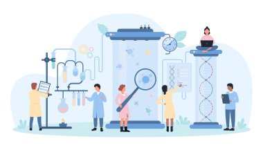Epidemiyoloji, laboratuvar vektör illüstrasyonunda mikroorganizmaların incelenmesi. Çizgi filmdeki küçük bilim adamları mikroskobik bakteri ve virüsleri laboratuvar deneylerinde araştırıyorlar. Büyüteçle analiz ediyorlar.