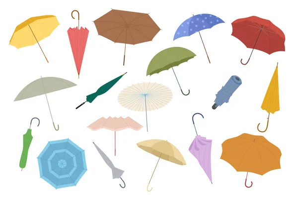 Schirmset Vektor Illustration Cartoon Isolierte Offene Und Gefaltete Sonnenschirme Mit — Stockvektor