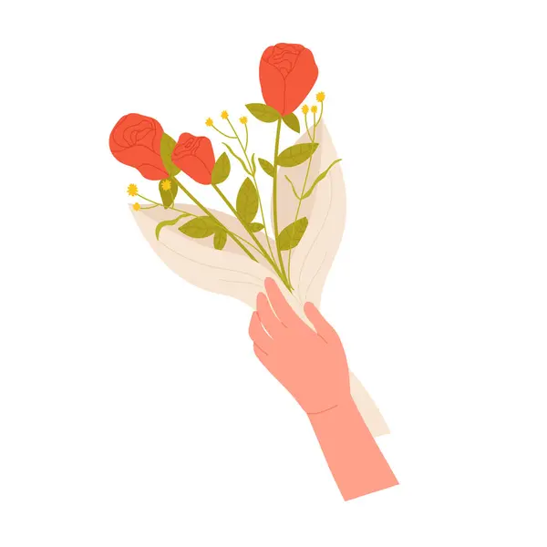 Ręka Trzymająca Czerwone Kwiaty Kwitnący Bukiet Świętowanie Prezent Kreskówka Wektor — Wektor stockowy
