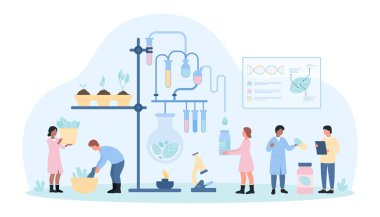 Naturopati vektör illüstrasyonu. Çizgi filmlerdeki küçük doktorlar doğal bitki ve çiçeklerden doğal iyileştirici haplar üretiyorlar. İnsanlar bütünsel ilaç, takviye ve ilaç için bitkisel malzemeler yetiştiriyorlar.