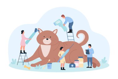 Hayvan vektörü illüstrasyonu için veterinerlik hizmeti. Çizgi filmlerdeki küçük veterinerler dev kedilerle ilgileniyor, doktorlar mutlu kedi sağlığını, kulaklarını temizliyor ve veteriner hastanesinde aşıyla iyileşiyor.