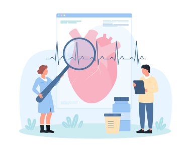 Kardiyovasküler hastalık taşıyıcı çiziminin teşhisi ve tedavisi. Çizgi filmlerdeki küçük insanlar kalp sağlığını büyüteçle, kontrolle ve kalp atışlarını kardiyoloji sınavında kontrol ediyor.