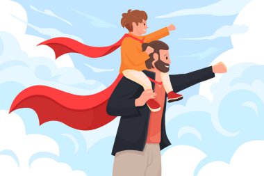 Baba süper kahraman, Babalar Günü için aile sahnesi tebrik kartı çizimi. Kırmızı pelerinli mutlu baba, korumak ve oynamak için omuzlarında oğlunu taşıyan kahraman kostümlü adam ve çocuk.