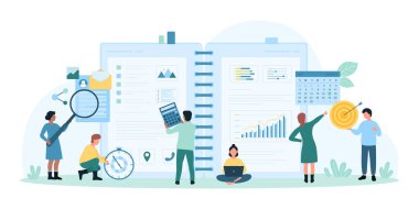 Proje yönetimi ve planlama vektör çizimi. Büyüteçle, hesap makinesiyle ve zamanlayıcıyla çalışan küçük insanlardan oluşan bir çizgi film ekibi. Planlamak için dizüstü bilgisayar.