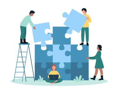 Takım oluşturma vektör çizimi. Çizgi filmlerdeki küçük insanlar yapboz parçalarını iş ortaklığı ve takım çalışması için birleştiriyor, çalışanlar başarı stratejisi ve şirketin en iyi ruhu üzerinde çalışıyorlar.