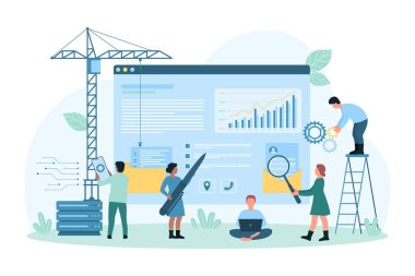 İnşaat vektör illüstrasyonu altında bir site. Çizgi filmlerdeki küçük insanlar yeni tasarım ve dijital içerik geliştirme, SEO veri optimizasyonu ve kullanıcı dostu arayüz planı, web sayfası mühendisliği süreci