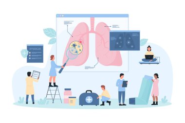 Akciğer muayenesi, pulmonoloji vektör illüstrasyonu. Çizgi filmlerdeki küçük insanlar büyüteçle insan ciğerlerinde solunum enfeksiyonu, tüberküloz veya zatürree, bronşit astımı olup olmadığını kontrol ediyorlar.