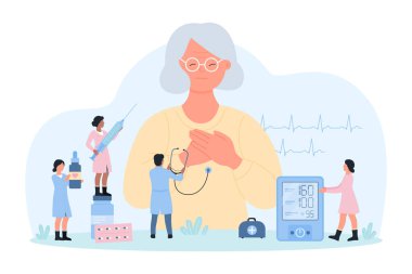 Kalp krizi, kardiyoloji vektör çizimi. Çizgi filmdeki minik doktorlar kalp rahatsızlığı belirtileri gösteren yaşlı bir kadının kan basıncını ölçüyorlar. Karakterler göğüs ağrısı ve yüksek tansiyonlu büyükanneye yardım ediyor.