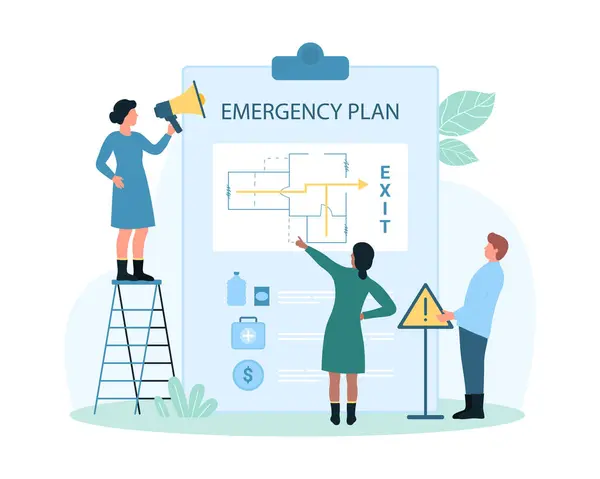 避難の手順 緊急地図ベクターのイラスト メガフォンを持つ漫画の小さな人々は 災害や床計画上の矢印の事故の場合に建物からの安全な出口について通知します — ストックベクタ