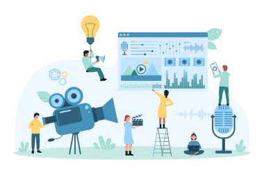 Vlog vektör illüstrasyonu için video içeriği oluşturma, film ve multimedya üretimi. Çizgi film küçük insanlar kamera, kurgu ve ekipman ve görsel arayüzle video podcast kaydetmek