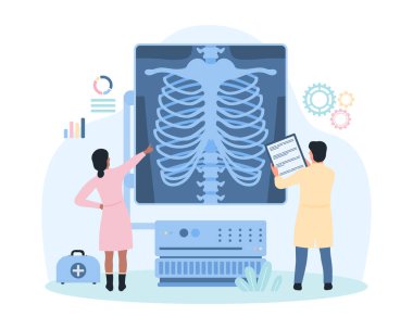 Göğüs röntgeni, radyoloji vektör çizimi. Çizgi filmlerdeki minik doktorlar gövdenin röntgenini, radyografi makinesindeki akciğerleri kemik hastalıkları teşhisi ve tüberküloz tedavisi için kontrol ediyorlar.