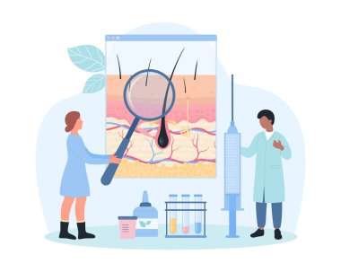 Trikoloji inceleme vektör çizimi. Çizgi filmlerdeki küçük insanlar büyüteçle anatomiyi insan derisi ve saçının katmanlı yapısıyla kontrol ediyorlar, teşhis için saç büyümesini inceliyorlar.