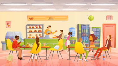 Okul kantin vektör illüstrasyonunda çocuk yemeği. Çizgi film öğrencileri yemek masalarında yemek yiyorlar, aç kız ve erkek tezgahın arkasındaki işçiden yemek tepsisi almak için sırada bekliyorlar.