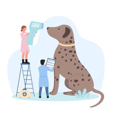 Veteriner kliniğinde veteriner randevusu alan bir köpek. Karikatür küçük doktorlar tıbbi kızılötesi termometre tarayıcısı köpek yavrusu vücut ısısını kontrol ediyor, karakterler evcil hayvanları hastanede muayene ediyor.