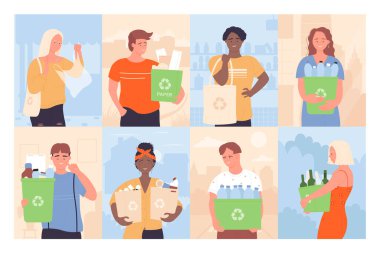 İnsanlar, vektör çizimlerini geri dönüştürmek için çöp topluyor. Çizgi film karakterleri, içinde geri dönüşüm sembolü olan kutular, plastik torbalar ve şişeler, atıklardan korunan bakım ve temiz ortam tutan erkek ve kadın karakterler.