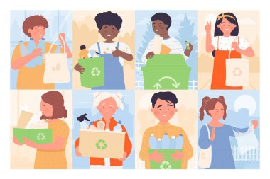 Çocuklar geri dönüşüm vektör çizimi için çöp topluyor. Çizgi filmlerdeki mutlu çocuklar alışveriş ve kutular için kumaş torbaları, plastik şişeleri, kağıt çöpleri, temizlik ortamlarını ayıran kızlar ve erkekler.