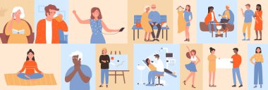 İnsanların günlük yaşam sahneleri, geometrik mozaik model vektör çizimi. Çizgi film yaratıcı renk çerçeveleri, genç ve yaşlı karakterlerin günlük sağlıklı yaşam tarzına sahip yatay poster, erkek ve kadın