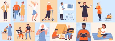 Mutlu insanların günlük sağlıklı yaşamı, geometrik mozaik model vektör çizimi. Genç ya da yaşlı karakterlerle çizgi film yaşam tarzı çerçeveleri scooter 'a biner, kızak kullanır, okur, yemek yapar, dans eder ve gitar çalar.