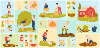 Bahçıvan karakterleri tarım üzerine çalışıyor yerel ürün ve sebze üretimi, tarım karesi konsepti. Çiftçi insanlar çiftlik bahçesi vektör illüstrasyonunda çalışıyor