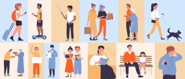 Yetişkinler ve çocuklar için yaşam tarzı ve eğlence, geometrik mozaik renk desenli vektör çizimi. Çizgi film minimalist kare çerçeveler yatay pankartta erkek ve kadın karakterler