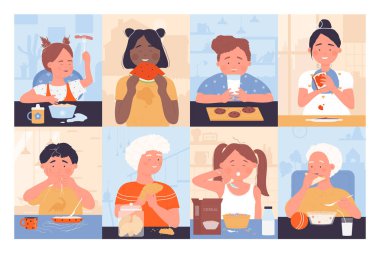 Çocuklar sağlıklı besin setinin vektör çizimlerini yiyorlar. Çizgi filmdeki aç çocuk ve kız kahvaltı, okul yemeği ya da akşam yemeği yemek için masada oturuyorlar.