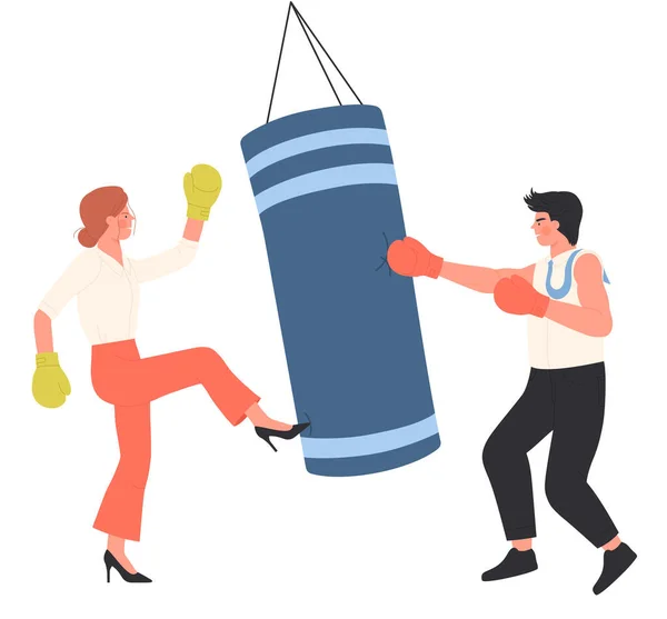 Mitarbeiter Boxen Büroinnenraum Isolierte Vektorillustration Zeichentrick Kämpferinnen Handschuhen Schlagen Boxsack — Stockvektor