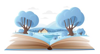 Noel kış doğası açık kitap vektör illüstrasyonunda. Çizgi roman masalı kış sahnesi ve kağıt sayfalar dolusu masal, dağ ve ev, karlı orman ağaçları, şirin fantezi dünyası