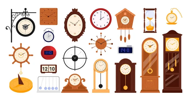 Klokken Horloges Set Vector Illustratie Cartoon Geïsoleerd Verschillende Soorten Moderne — Stockvector