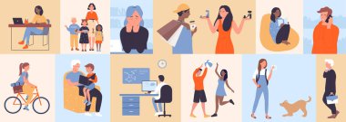 İnsanlarla günlük çalışma ve boş zaman sahneleri, geometrik mozaik model vektör çizimi. Çizgi film yaşam tarzı çerçeveleri yalnız zaman ile veya erkekler ve kadınlar için arkadaşlarla, düşünün veya kitap okuyun