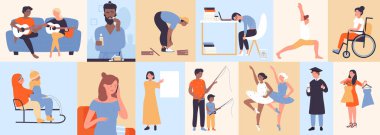 İnsanların günlük yaşamları, geometrik mozaik renk deseni çizimleri. Karakterlerin telefonda konuştuğu, gitar çaldığı ve arkadaşlarıyla dans ettiği karikatür kareleri, balık ve aile kızağı.