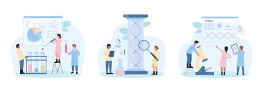Laboratuvar setindeki genetik araştırmalar, bilim ve tıp vektör çizimleri. Çizgi filmdeki küçük insanlar DNA moleküler yapısı, genleri, kan örneklerini kullanarak biyoteknolojide yenilikçi bir çığır açarlar.