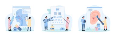 Kulak, göz, burun ve boğaz sağlığı vektör çizimi. Çizgi filmdeki minik doktorlar kulak ve otolargoloji teşhislerini ENT kliniğinde kontrol ederler, göz doktorları göz doktorları göz doktorluğu sınavında görme duyusunu test ederler.