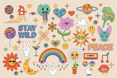 Hippi retro çıkartmaları hazır. Modaya uygun karakterler, emoji ve 70 'lerin funky hippi tarzı elementler, psikedelik çiçek ve mantar, disko topu ve gökkuşağı maskotu koleksiyonu, karikatür vektör çizimi