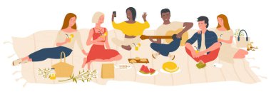 Yaz mevsiminde piknik yapan genç öğrenciler yeşil park çizimi yapıyorlar. Çizgi film mutlu arkadaşlar erkek kadın karakterler hafta sonunun tadını çıkarın, eğlenin, yaz tatilinde birlikte piknik yapın.