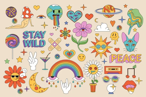 Hippi retro çıkartmaları hazır. Modaya uygun karakterler, emoji ve 70 'lerin funky hippi tarzı elementler, psikedelik çiçek ve mantar, disko topu ve gökkuşağı maskotu koleksiyonu, karikatür vektör çizimi