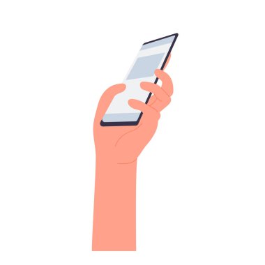 El ele tutuşan cep telefonu. Akıllı telefon kullanıcısı, aygıt aygıtı karikatür vektör illüstrasyonunu arıyor