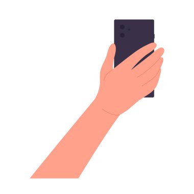 Telefondan ekranı gösteren bir el. Akıllı telefon kullanıcısı, mobil haberleşme vektör çizimi