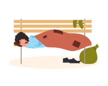 Sokak bankında uyuyan evsiz bir adam. İşsiz fakir insanlar vektör çizimi