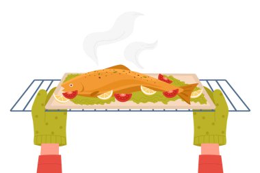 Cartoon chef cooking fish in home kitchen, making dinner flat vector illustration. Tasty food recipe, cooking concept. Hands in gloves taking out tray of fish from baking oven.