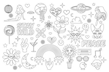 Eski moda çıkartmalar ayarlandı. Komik komik karakterler, karalama yamaları ve hippi disko partisi için acayip soyut şekiller, garip emoji ve taslak koleksiyon çizimi içindeki psikedelik elementler.