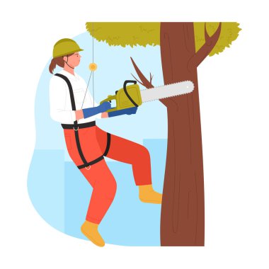 Ağaç cerrahı ağaç uzmanı. Endüstriyel dağcı, ağaç kesme, vektör çizimi