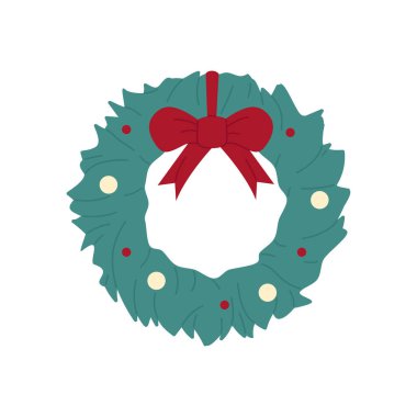 Noel çam çelengi. Xmas ev ve kapı dekorasyonu düz vektör çizimi