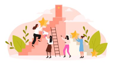 Kadın desteği ve liderlik, kariyer başarısı illüstrasyonu. Çizgi filmdeki altın yıldızlı küçük kadın merdivenleri tırmanıyor, megafonlu kadınlar projede birlikte liderliğe yardım ediyorlar.