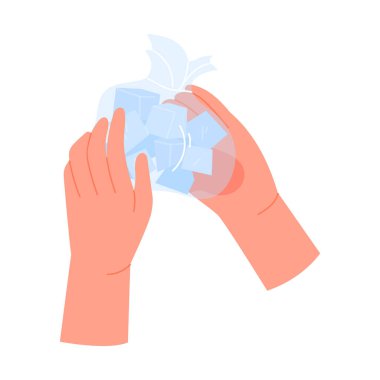 Yaralı elde buz torbası. İlk tıbbi yardım, buzlanma hasarı, buz sıkıştırma vektör çizimi