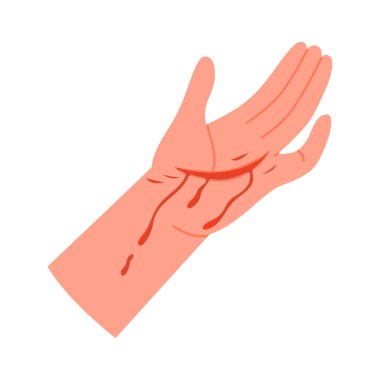 İnsan eli kanıyor. Kanla yaralanmış el, ilk tıbbi yardım çizgi filmi vektör çizimi