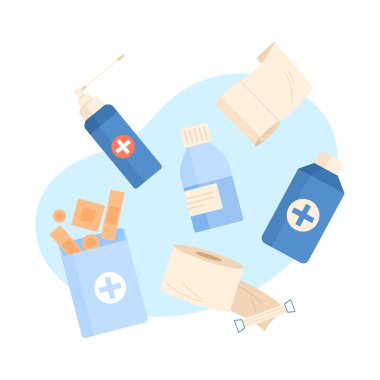 Vücudundaki yara için ilk yardım ilacı. Yaralı tedavi ilaçları, tıbbi yardım vektör çizimi