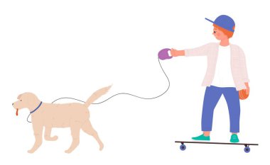 Tasmalı ve kaykaylı vektör resimli bir çocuk. Yeşil şehir parkında sevimli köpek yavrusuyla oynayan aktif çizgi film çocuğu, kaykay yapan çocuk. Açık hava aktivitesi, spor konsepti