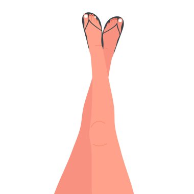 Tropikal kumsaldaki güzel kız bacakları, vektör illüstrasyonunun yukarısından manzara. Çizgi film kadın ayakları plaj havlusunda parmak arası terlikler içinde, su dalgaları ve deniz yıldızı arka planında. Yaz tatili kavramı