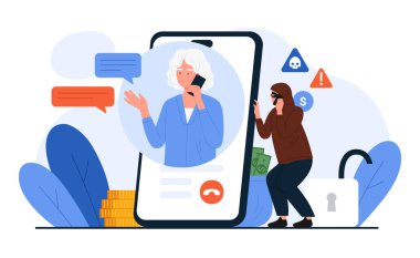 Cep telefonu ekranındaki yaşlı kadın dolandırıcı, dolandırıcı ve sahte vektör illüstrasyonuyla konuşuyor. Maskeli bilinmeyen bir karikatür soyguncusu para ve kişisel mali bilgi çalmak için büyükanneyi arıyor.